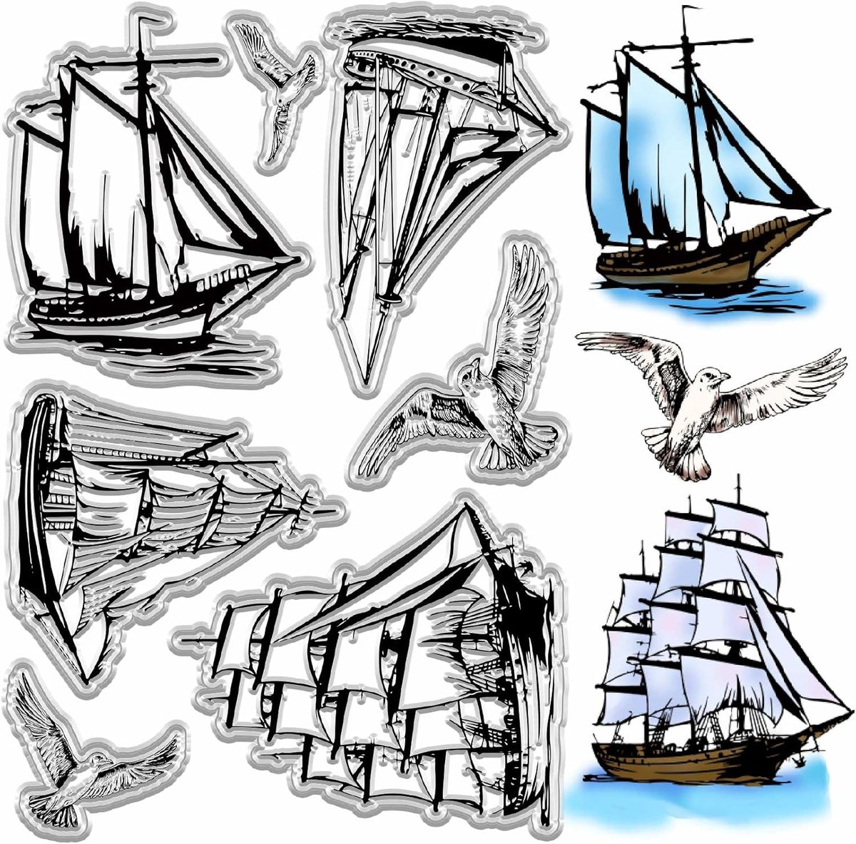 craspire Transparante stempel, boot, meeuw, zeilboot, schip, siliconen stempel, herbruikbaar, retro, zeeachtergrond, poststempel, transparant rubberen stempelzegel voor dagboek, knutselen