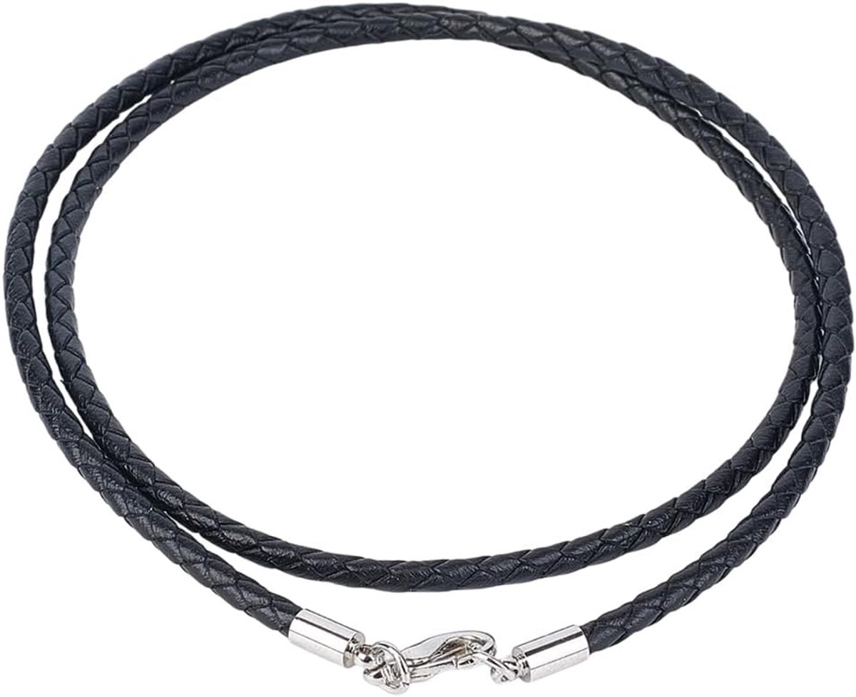 10 koordketting van echt leer, zwart, 3 mm, ronde gevlochten echt lederen ketting, 53,3 cm, met karabijnsluitingen van koper, voor mannen en vrouwen, doe-het-zelf sieraden.