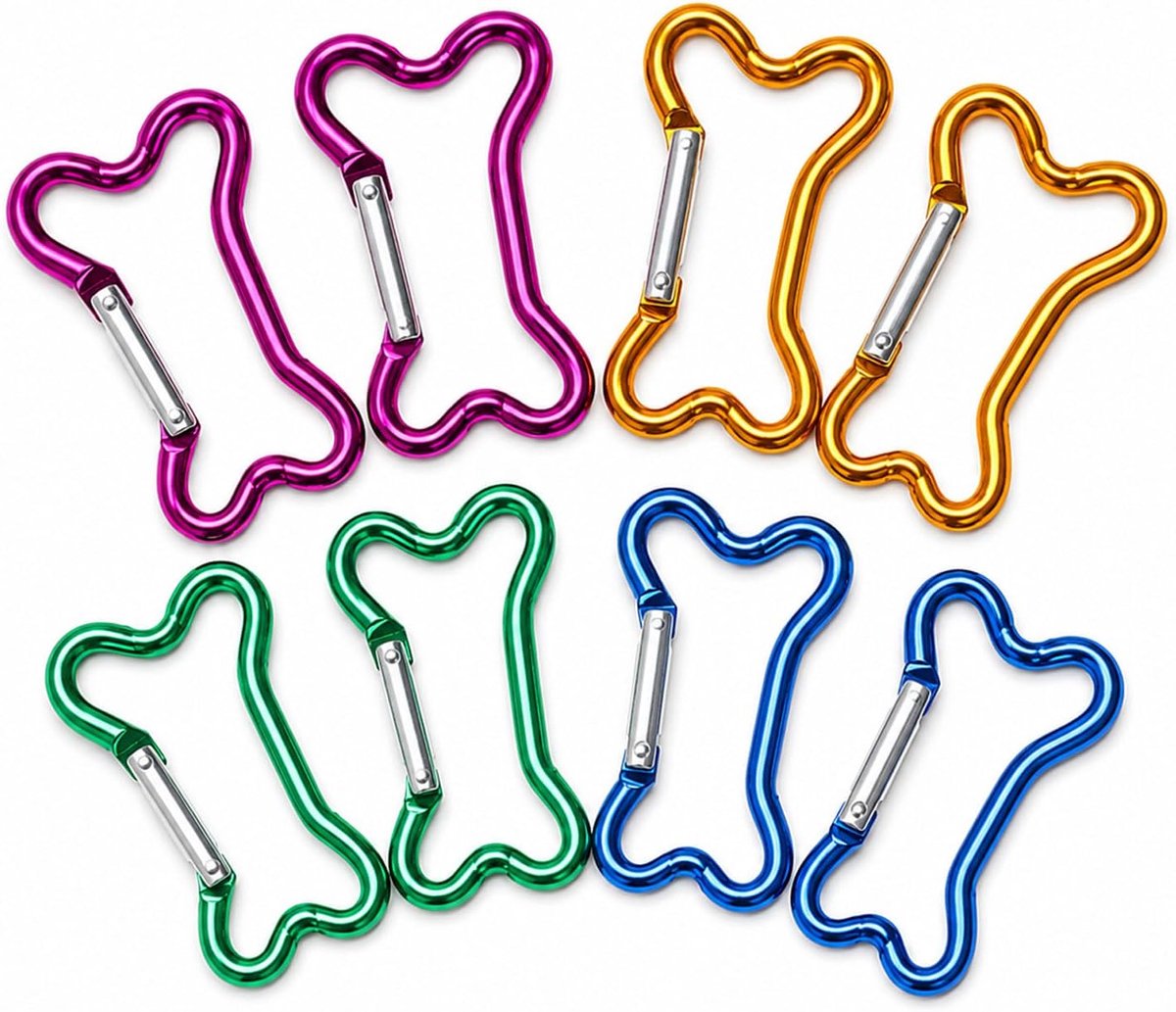 Karabijnhaak met 8 kleine botten, aluminium met sluiting, robuuste sleutelhanger voor rugzak