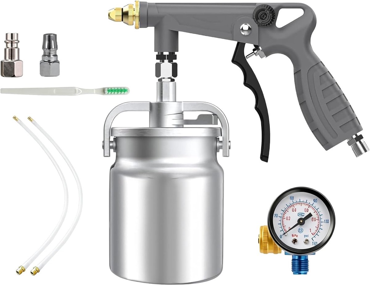 drukbekerpistool met 1000 ml aluminium beker, bodembescherming-spuitpistool met zuignap en rechte sproeislang, manometer voor rubberen bodembescherming en