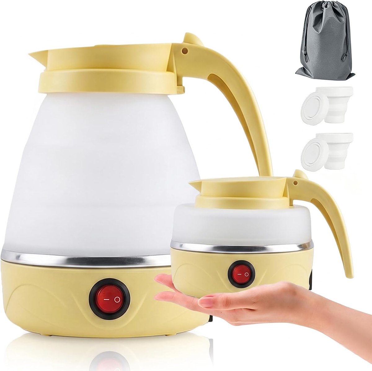 waterkoker 0,6 l, 750 W, reiswaterkoker met roestvrijstalen bodem, siliconen camping theekoker met automatische uitschakeling, draagbaar voor outdoor wandelen, meerkleurig (geel)