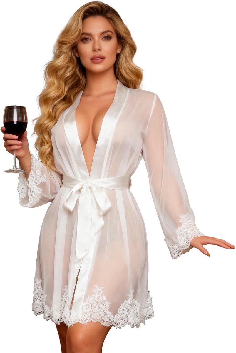 Comeondear Dames ochtendjas kimono kant met riem grote maten S-XXL | Transparante lingerie, nachthemd, lange mouwen, V-hals, voor thuis, nachtavond