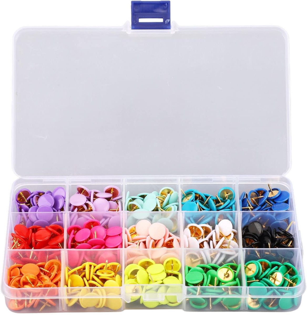 15 Kleuren met Rubber Beklede Push-pins met Platte Kop voor Prikborden, Kurkborden met Doorzichtige Opbergdoos