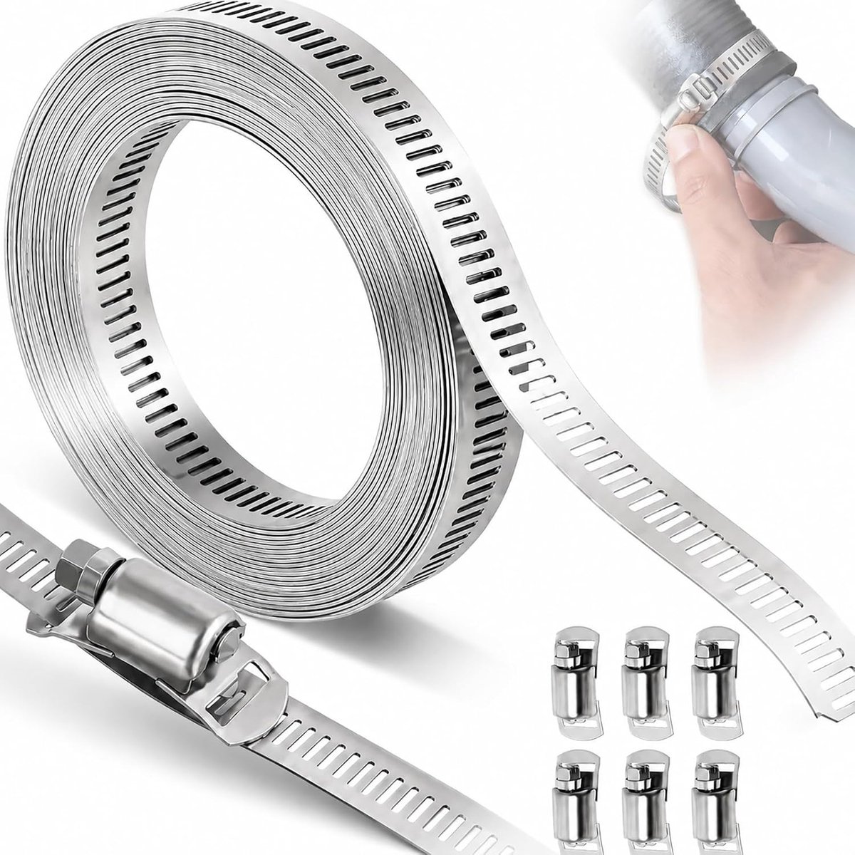 2,5 m, eindeloos 304 roestvrij staal, verstelbare slangklemmen, riemclips met schroefklem, 6 stuks, voor waterleiding/tank/gasbuis/koeler/autotubing
