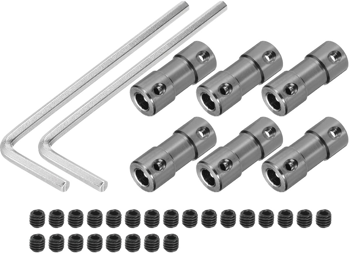 5 mm op 5 mm boring stijve koppeling 25 mm lengte 10 mm diameter M3 aansluiting askoppeling aluminiumlegering voor 3D-printers lichtzilver 6 stuks koppeling 24 stuks schroeven 2 stuks