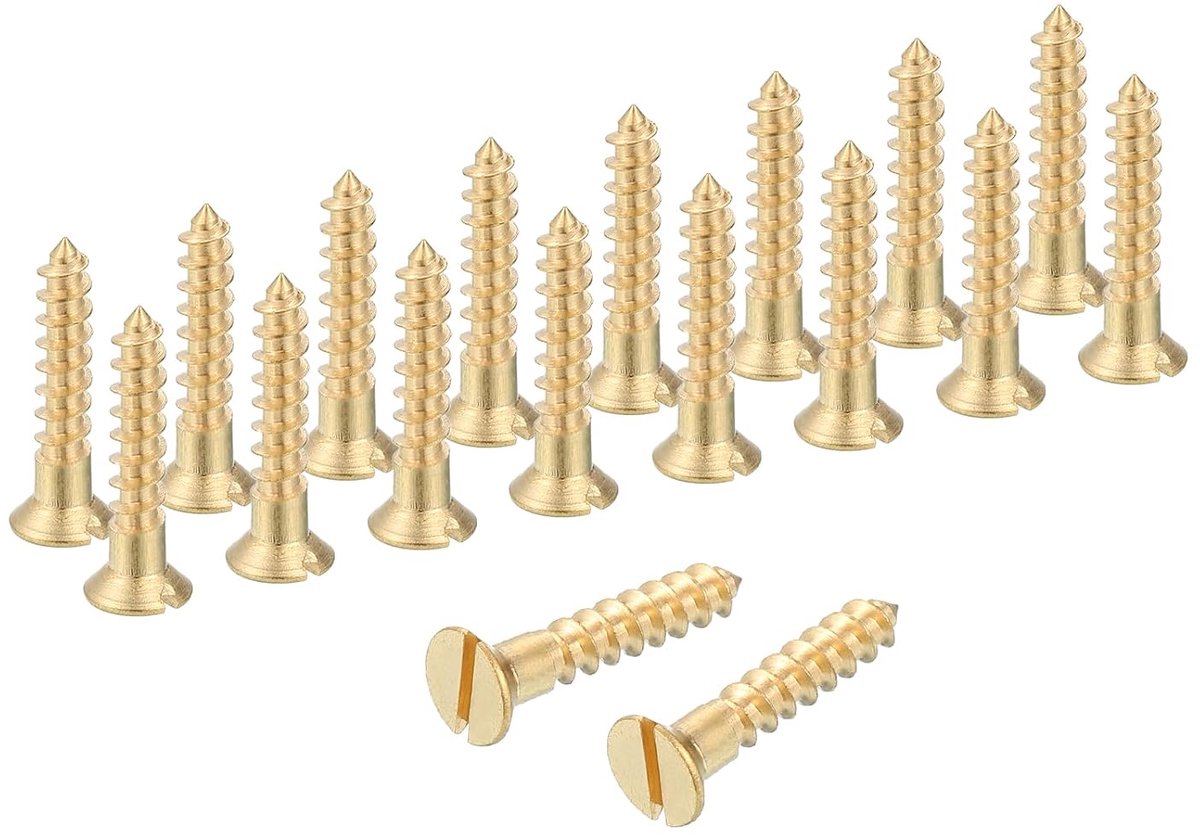 Houtschroeven, M3,5 x 20 mm, platte kop, sleuf, messing, zelfborend, snel, voor metaal, zelfborend, voor huishoudelijke apparaten, interieur, houtbewerking, verpakking van 28 stuks