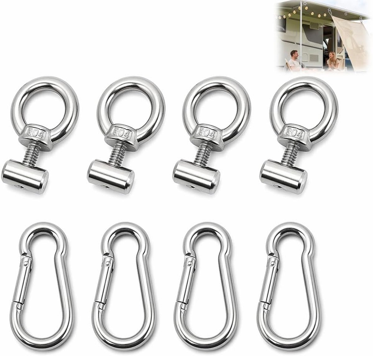 Set van 4 stoppers voor luifelbevestiging, blokkeerset voor luifel, camping, luifelrailstoppers M4 van roestvrij staal 304, voor caravan, camper en bestelwagen, tentaccessoires, voor rails van 5 tot
