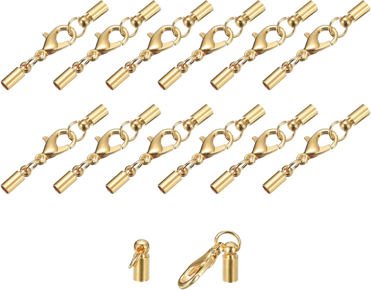sourcing map Set van 20 3 mm leren koordeindkappen met kreeftsluiting, klemmen, cilindereindstukken voor doe-het-zelvers maken, leren armbanden, lichtgoud