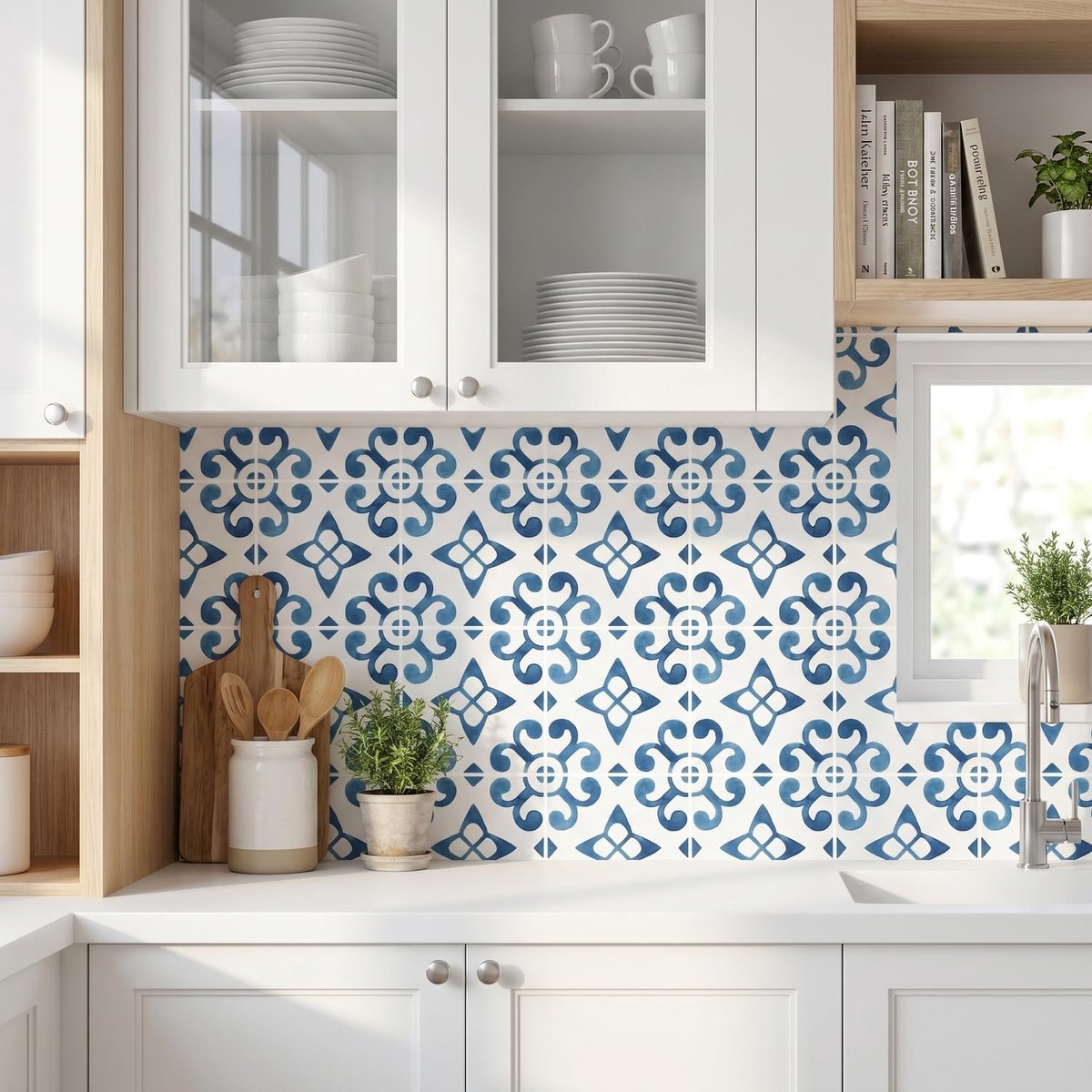 Tegelstickers ambachtelijk blauw en wit pel-en-plak vinyl voor backsplash, trappen en meubels