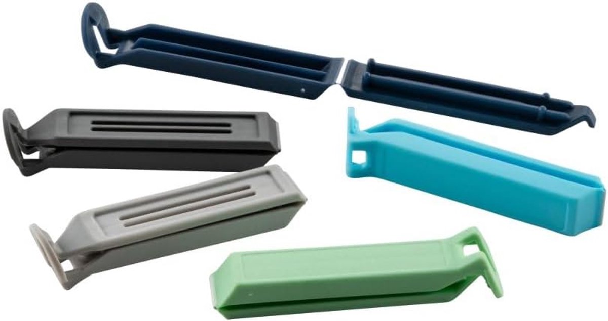 678437 Sluitclips, 5 stuks, kunststof, blauw/grijs/groen