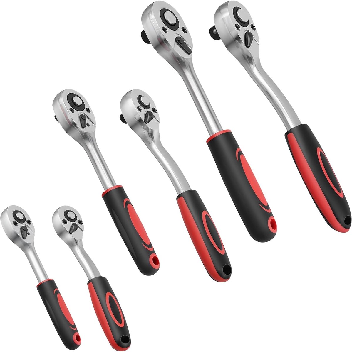 6-delige ratelset, 1/2 inch, 3/8 inch, 1/4 inch ratel, 24 tanden en 72 tanden, ratelsleutelset met draaimoment voor autogereedschap