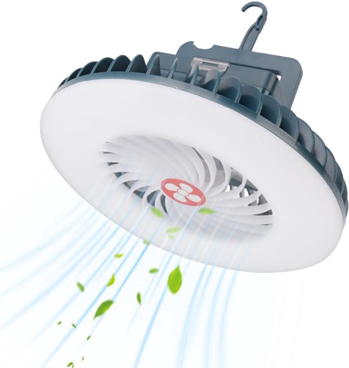 Campingventilator met ledlicht, draagbare ventilator met verlichting, oplaadbare hanger met haak, USB-bureau met ledverlichting en lamp, voor tenten, blauw