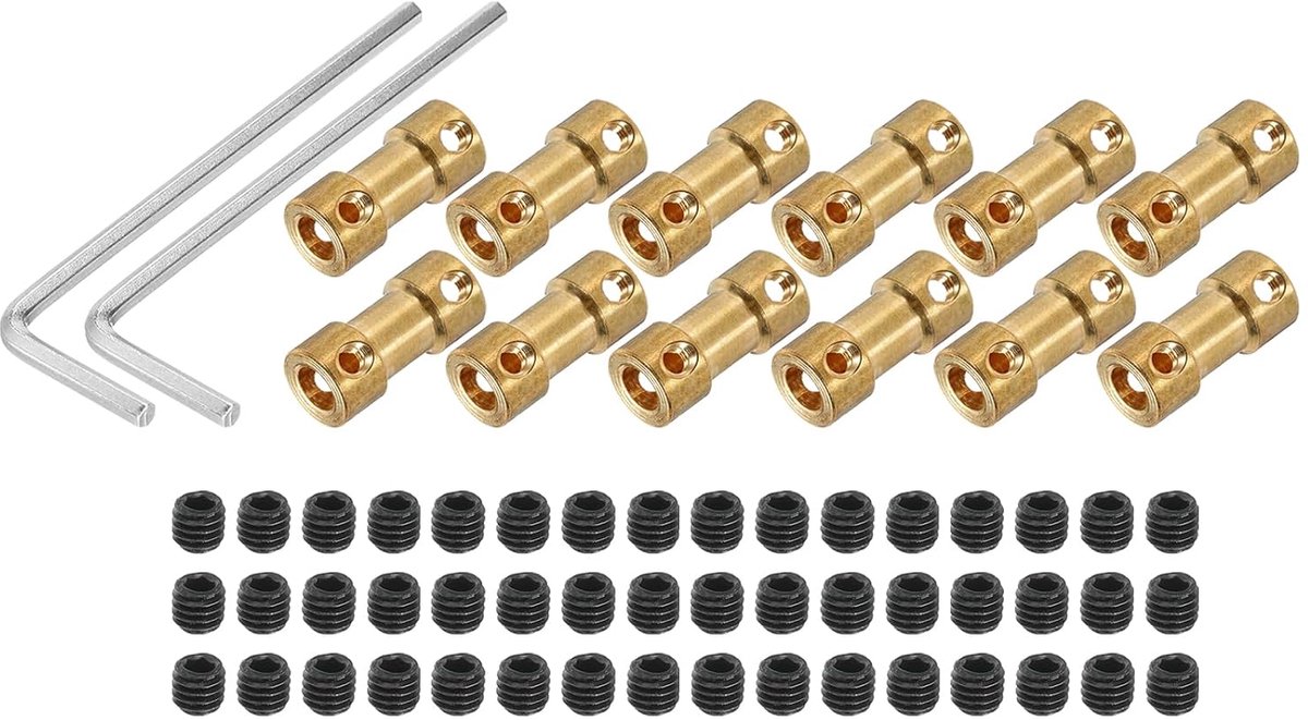 5 mm op 5 mm boring stijve koppeling 20 mm lengte 9 mm diameter M3-aansluiting messing as voor 3D-printers DIY kopertint met 12 stuks koppeling, 48 stuks schroeven, 2 stuks sleutels