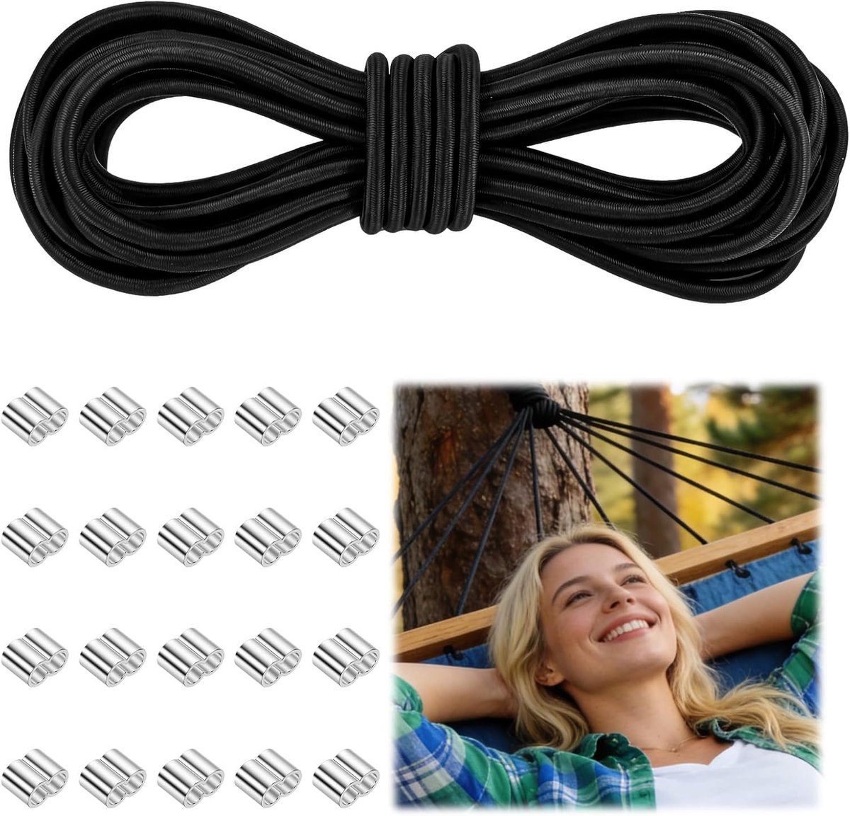 koord, rubberen touw, 8 mm x 10 m zwart, elastische spanner voor zeilen met 20 klemmen, rekbaar latexrubber voor zeilen, aanhangers, boten, kamperen