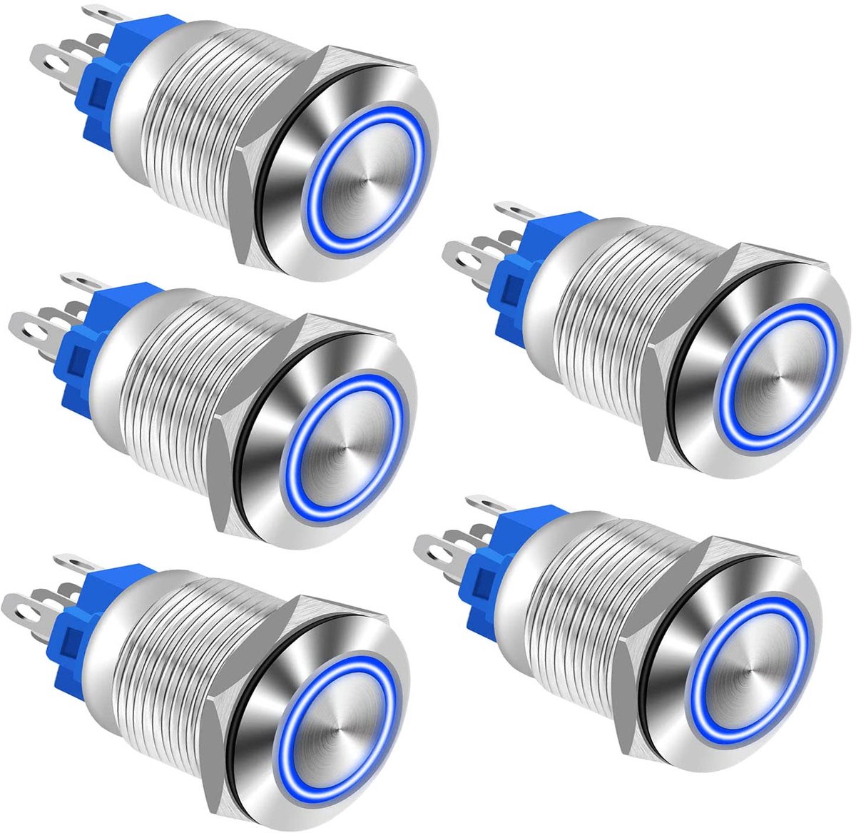 5 stuks 16 mm metalen vergrendelingsdrukschakelaar, DC 12 V/24 V 4-pins SPDT AAN/UIT-schakelaar met blauw ledlicht, waterdichte zelfremmende ronde schakelaar (platte kop)