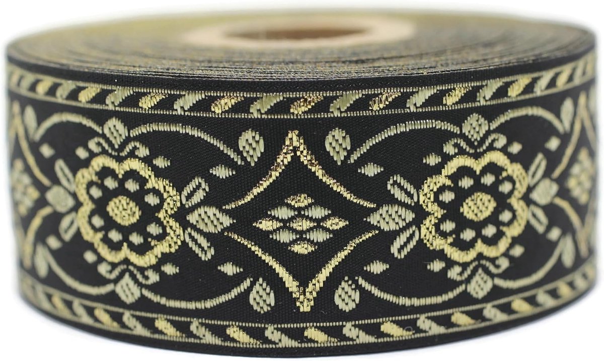 Jacquard lint geweven metallic goud en zwart - luxe elixir 10 m x 35 mm - rol borduurband voor naaien, decoratie 35948-V1
