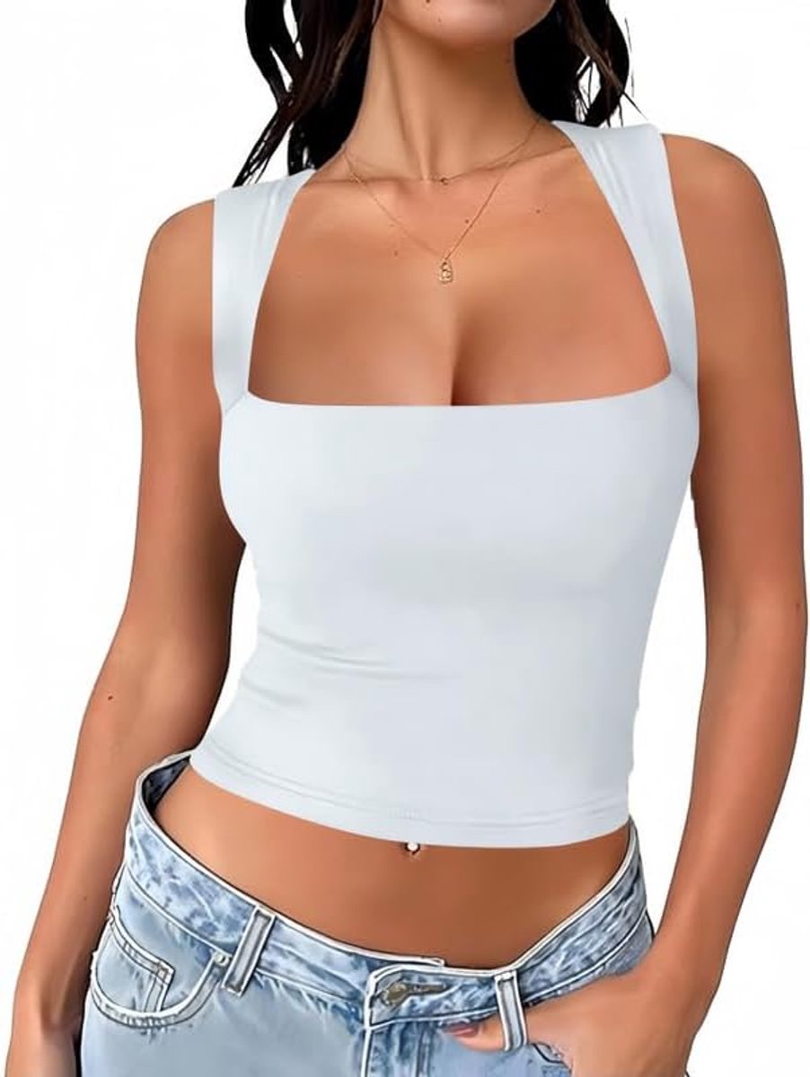 Tanktop voor dames, elegant, zomer, sportief, sexy, slim fit, crop top, mouwloos, korte tanktop met vierkante hals, basic, nauwsluitend, casual, elastisch, T-shirt mode Y2K shirt