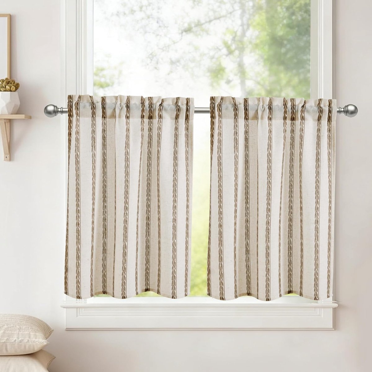 Linnen vitrage, keukengordijnen, taupe, tarwestrepen, H 45 x B 60 cm, 2 stuks, halftransparant, kort linnen gordijn, raam, bistrogordijn voor slaapkamer, kastgordijn, badkamer en woonkamer
