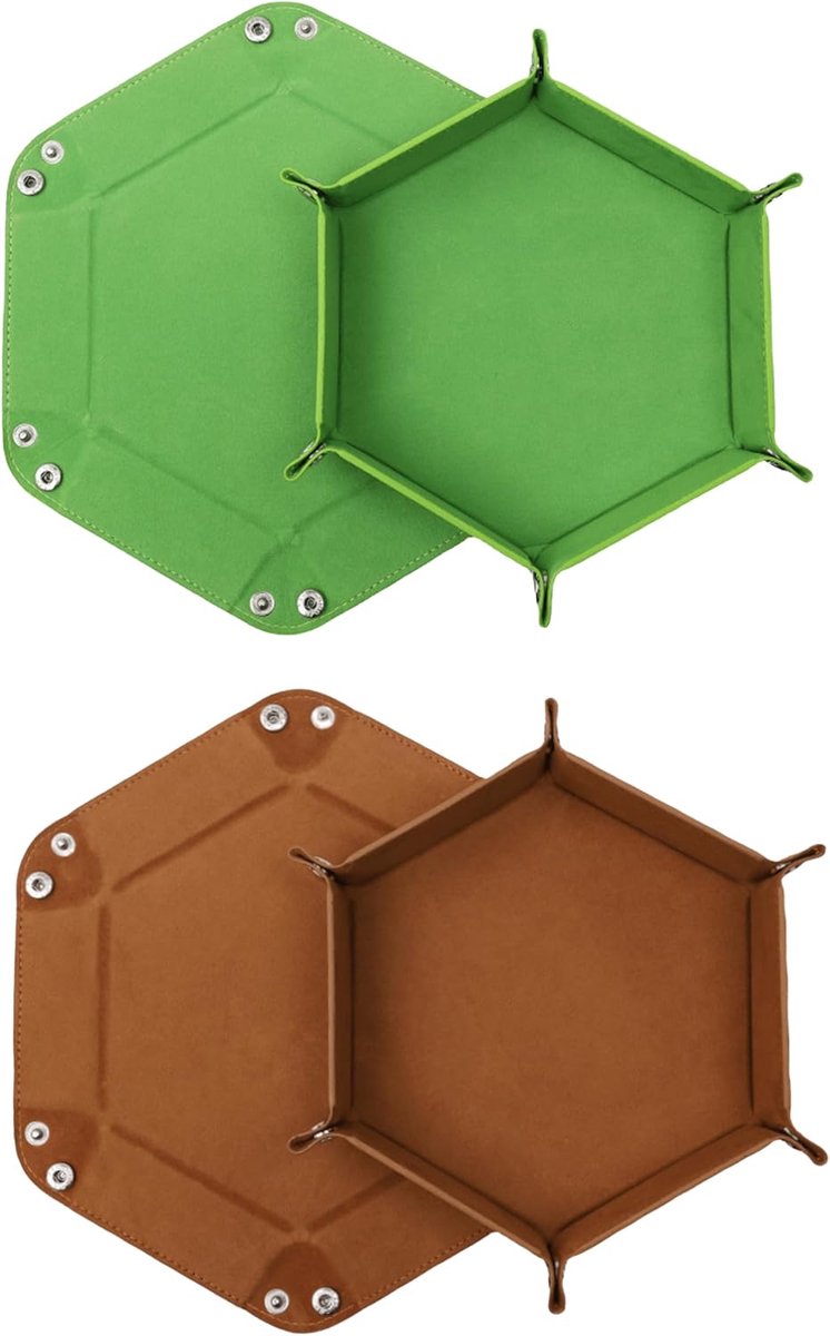 Kubusplanken, 2 stuks, dubbelzijdige kubusplank, fluweel, opvouwbare kubuslade, hexagon, dobbelstenen, leer, dobbelplanken voor RPG DND Dragons, dobbelspellen (groen - bruin)