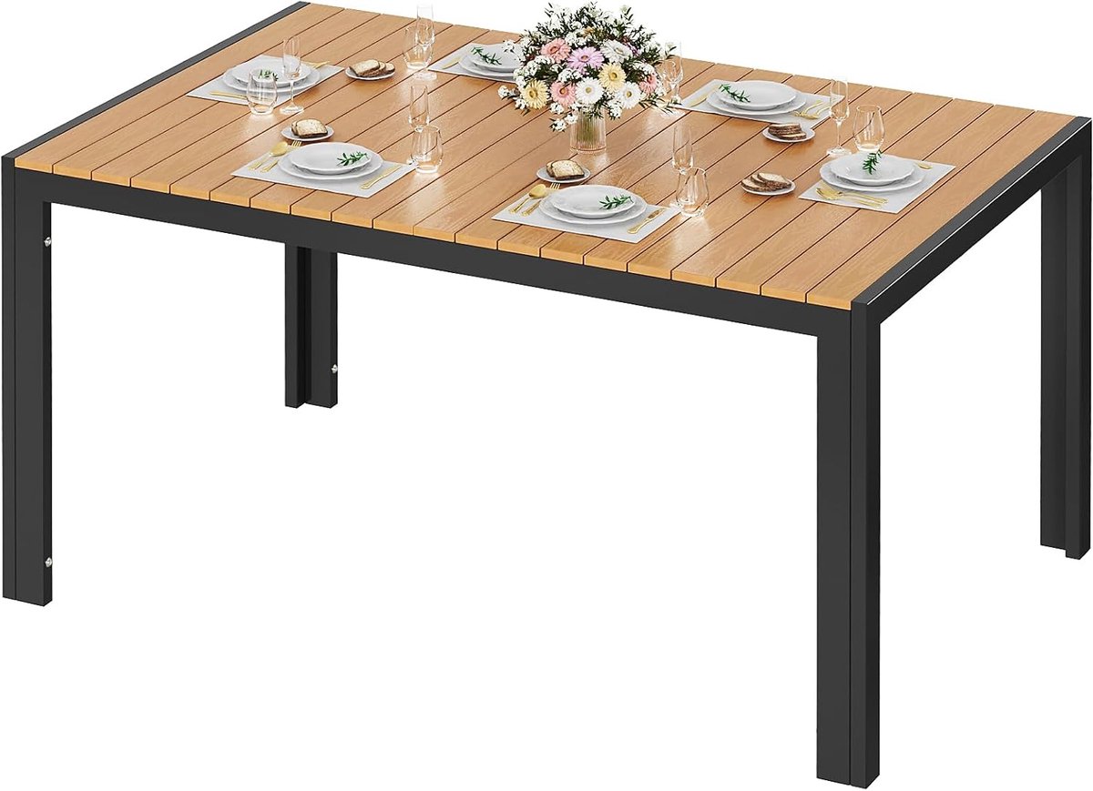 Weerbestendige grote tuintafel, 140 x 90 x 75 cm, aluminium terrastafel met WPC-tafelblad, rechthoekige eettafel, voor 6 personen, stabiel tuin, terras, balkontafel, zwart + teak