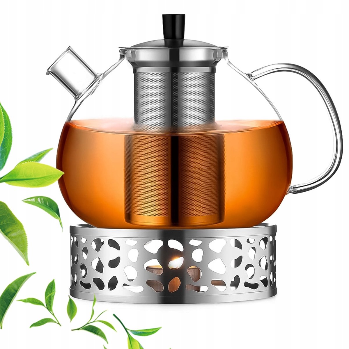Glazen theepot 1500ml met filter en warmhoudplaat