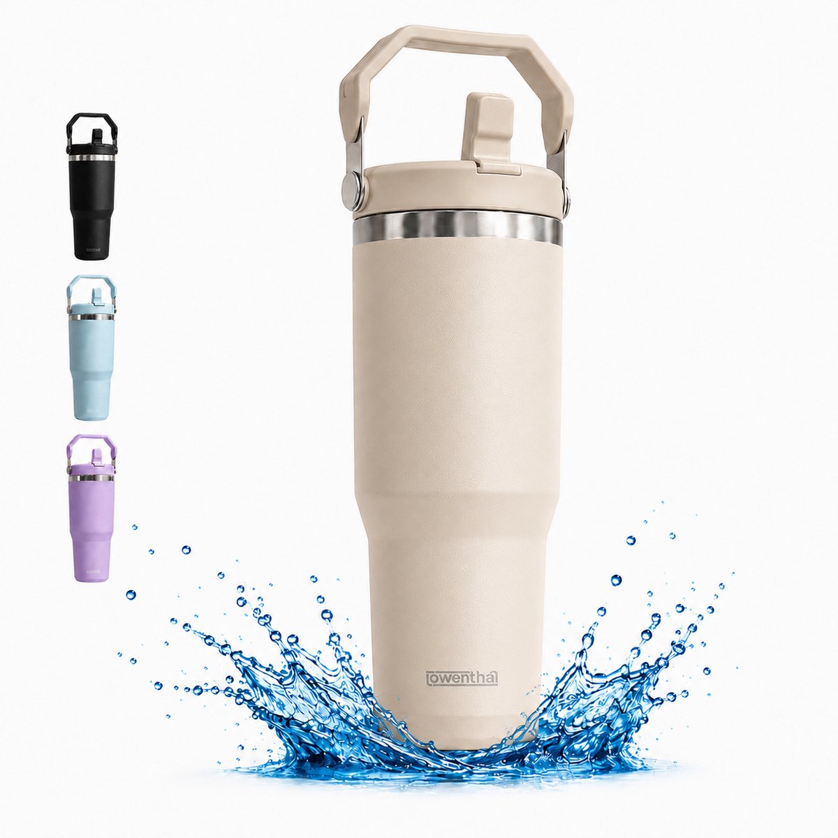 Drinkfles - Thermosfles 800 ml - 100% Lekvrij - Waterfles Met Rietje - Dubbelwandig RVS - Thermosbeker - Thermoskan To Go - Drinkbus - Sportfles - Schoolbeker Back to School - Kinderen - Travel Mug - Beige - Löwenthal