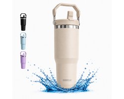 Drinkfles - Thermosfles 800 ml - 100% Lekvrij - Waterfles Met Rietje - Dubbelwandig RVS - Thermosbeker - Thermoskan To Go - Drinkbus - Sportfles - Schoolbeker Back to School - Kinderen - Travel Mug - Beige - Löwenthal