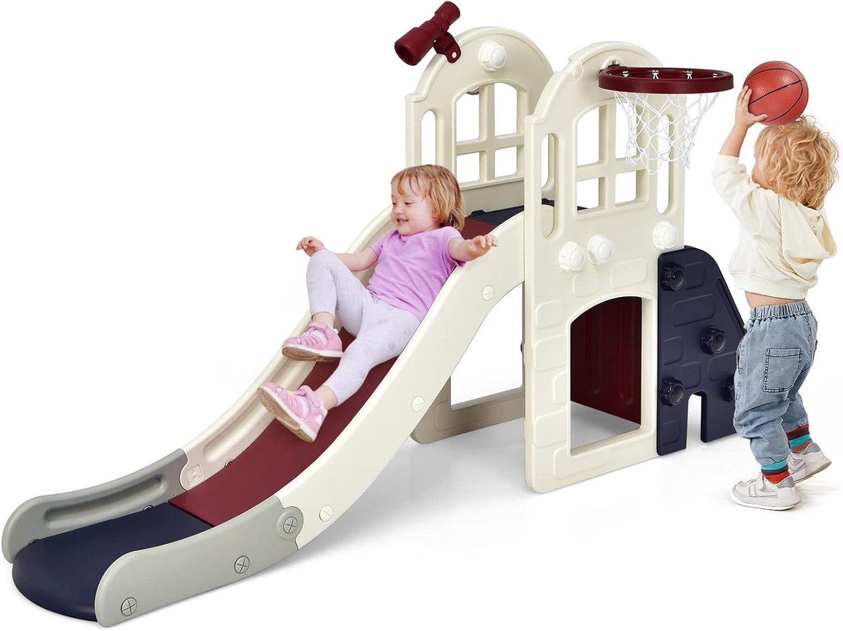 Costway Kinderglijbaan, 6-in-1 kinderglijbaan & ladder & basketbalmand & worpringen & telescoop & tunnel, kinderspeelplaats, glijbaan voor binnen en buiten vanaf 3 jaar oud (Blauw)