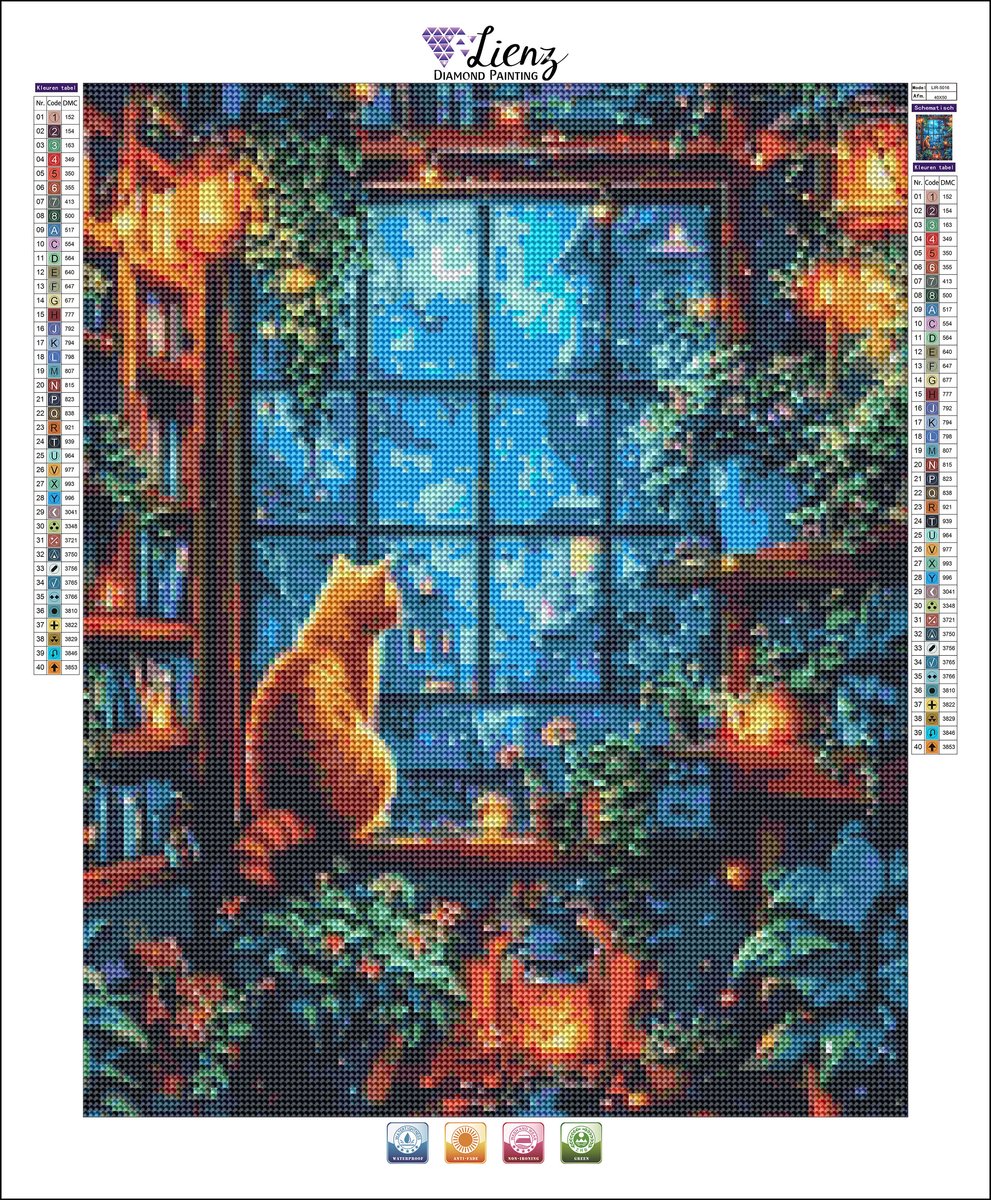 Lienz® Diamond Painting volwassenen 40x50cm – Rond – Poes - Kat bij raam — afbeelding 2