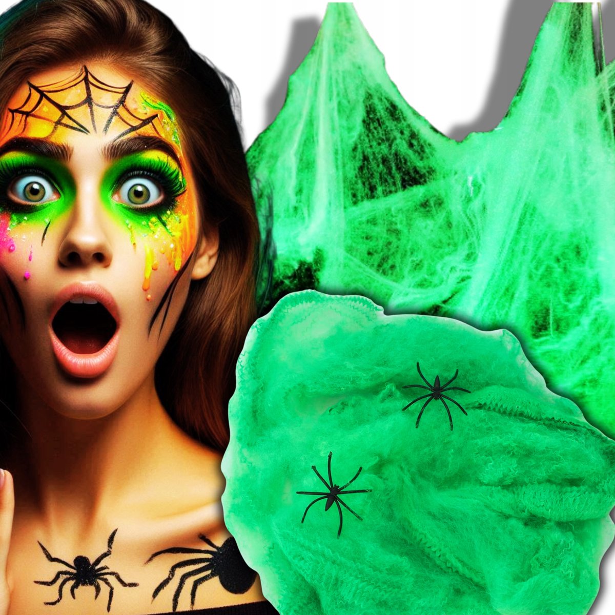 Groene Halloween spinnenwebdecoratie met 2 spinnen