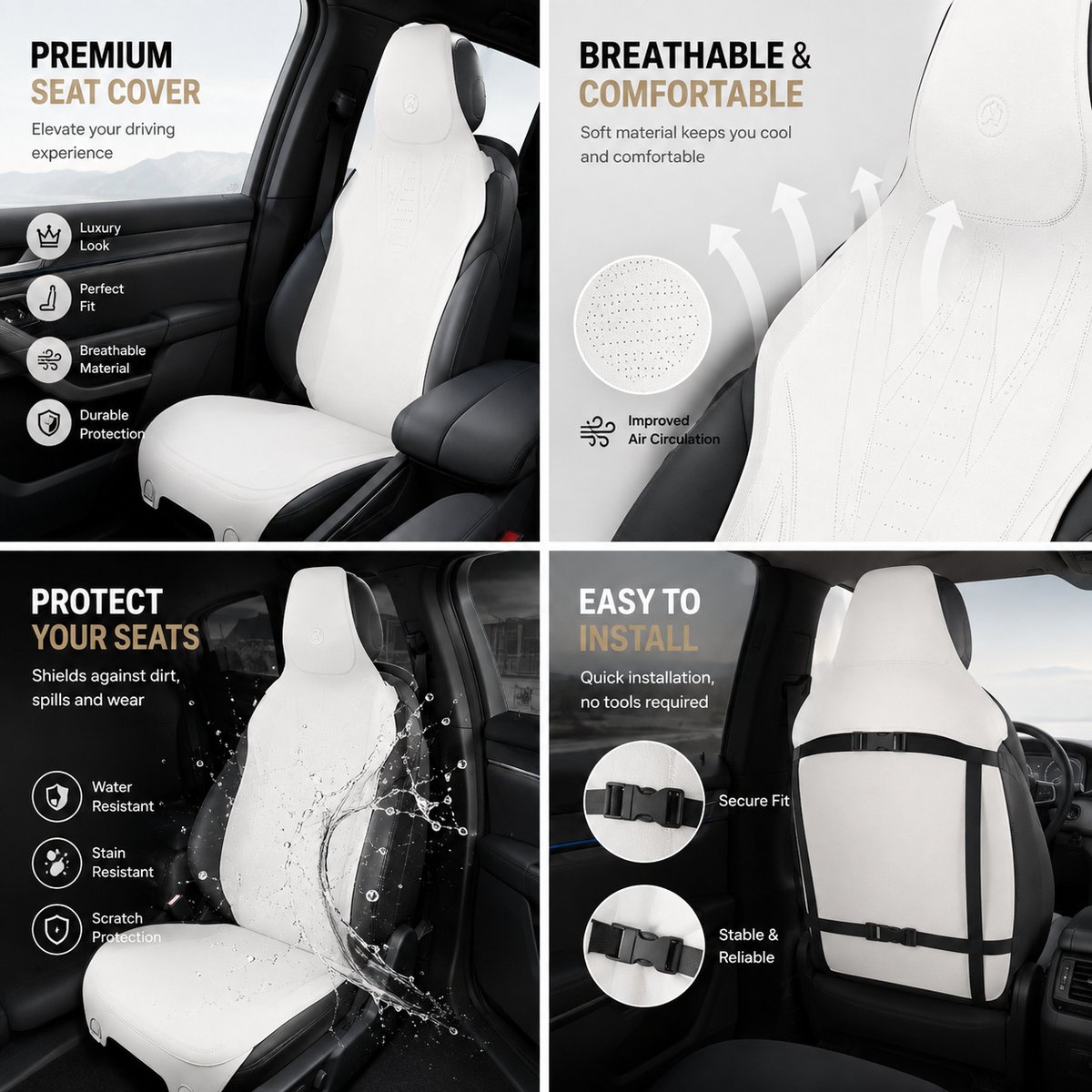 AIM Autostoelbeschermer – Luxe PU Imitatieleer Zit- en Rugkussen - Set van 2 – Ssangyong Actyon – Airbag Compatibel - M14 - Wit