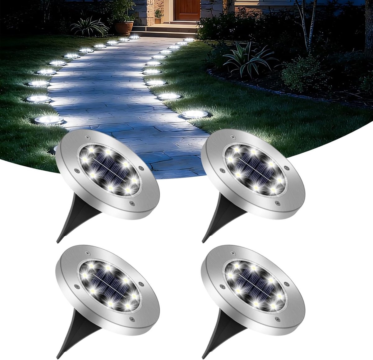 Solar Grondlampen Set 4 Stuks - LED Tuinverlichting Op Zonne-energie - Koud Wit Licht - 8 LED - IP65 Waterdicht - Automatische Buitenverlichting Voor Pad, Terras, Gazon En Binnenplaats