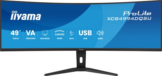 49" gebogen ProLite XCB4994DQSU monitor met slimme rand, 5120x1440 resolutie en USB-hub, getoond met zijn standaard.