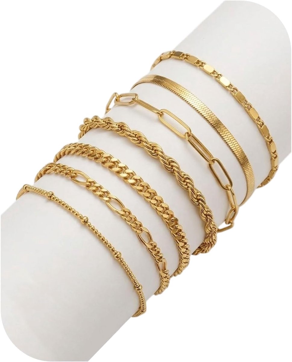 Enkelbandjes dames 7 stuks - goud verguld - waterdicht en hypoallergeen - trendy gelaagd design - ShopVlot