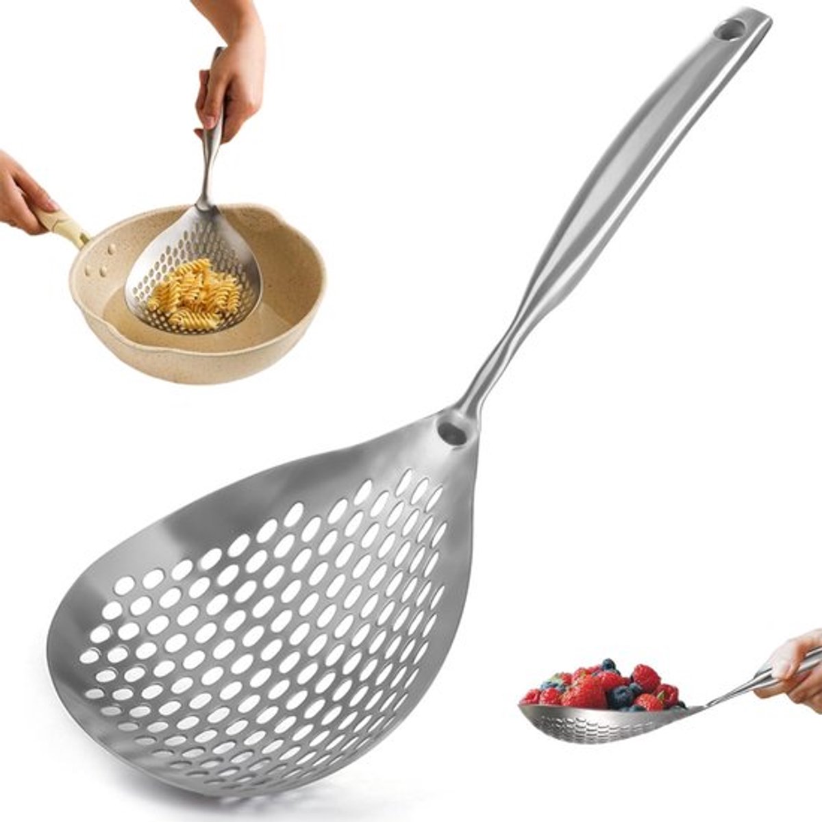 1 stuk - banaan lepel - 304 roestvrij staal - grote asphaltlepel - lepel - geschikt voor knedels noodles vangen lepel asphalt - ronde gaten - zilver - 38cm