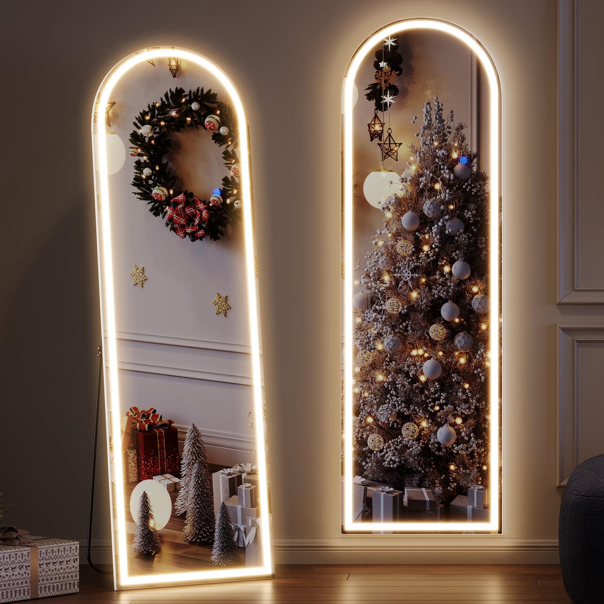 Boogspiegel 160 x 50 cm - LED Wandspiegel - Gebogen Top - Vrijstaande Vloerspiegel voor Slaapkamer - ShopVlot