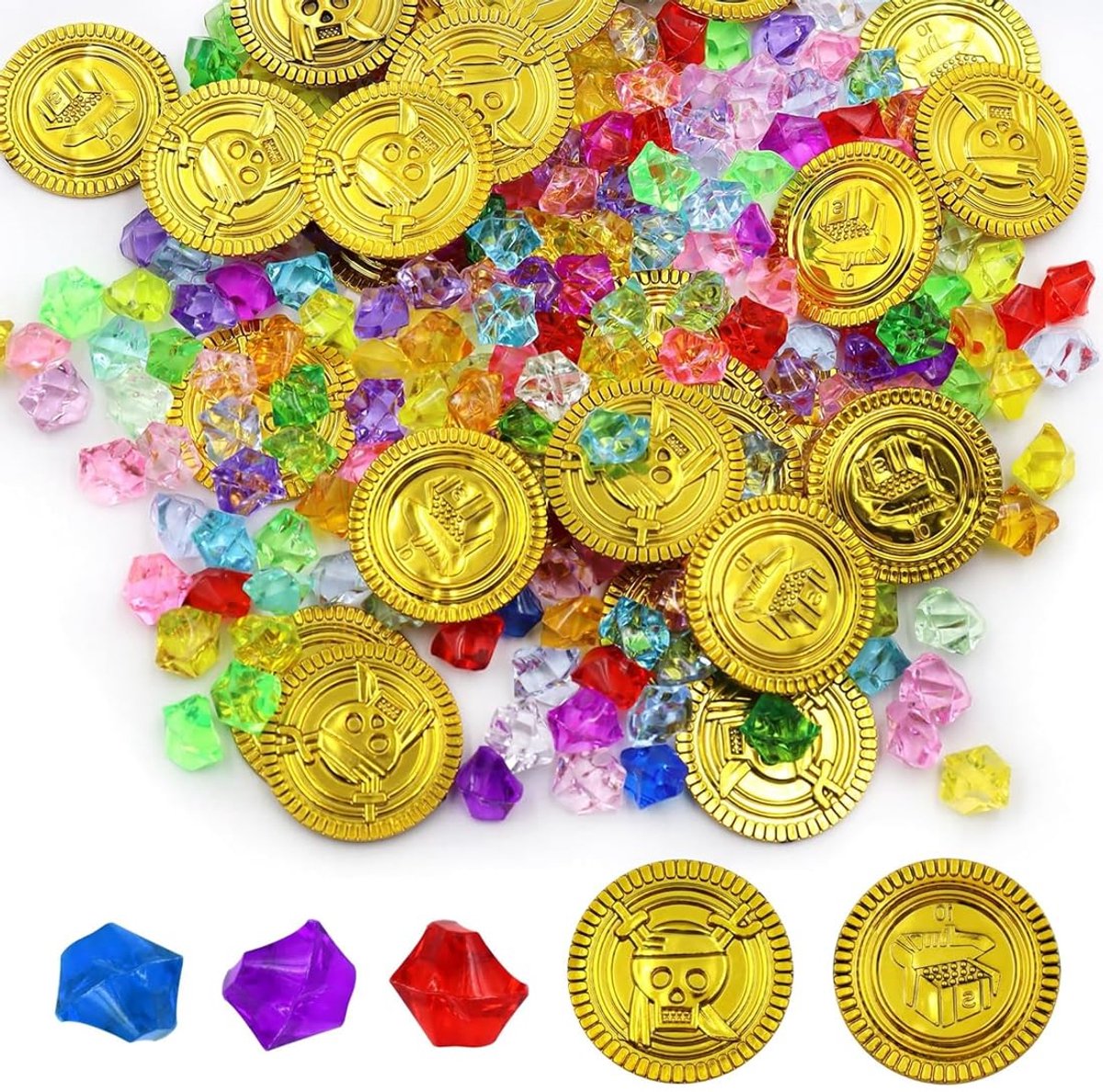 piratenschat 100 stuks - 50 gouden munten + 50 edelstenen - piratenset - ideaal voor schatjachtspellen - ShopVlot