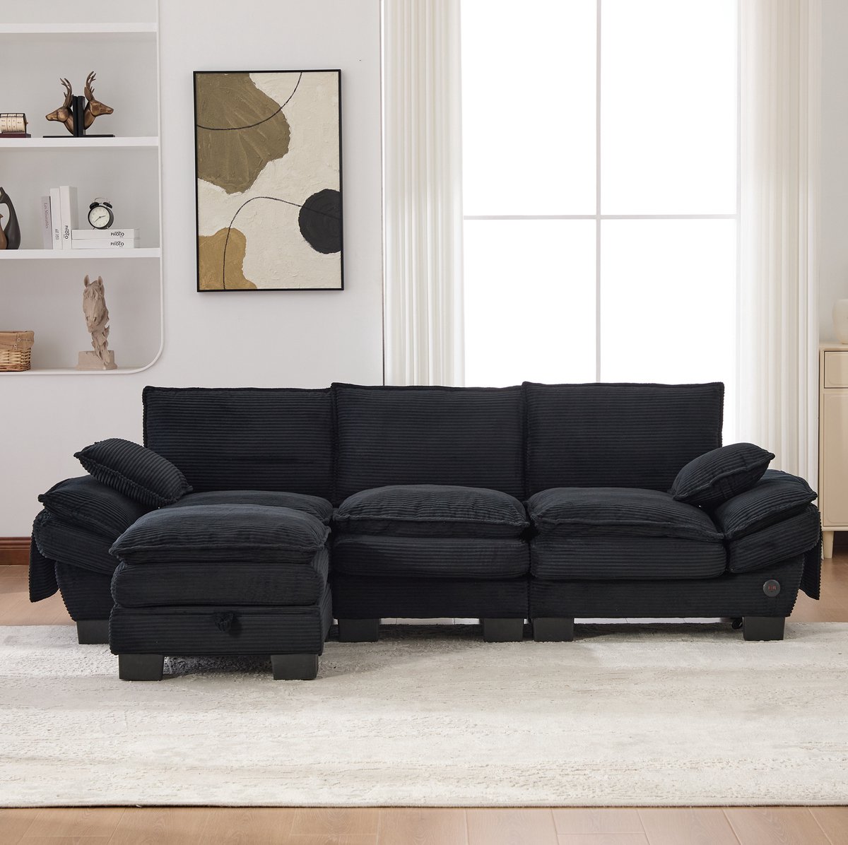 MEUNIQ 3-zits hoekbank van corduroy met hocker, USB-C, zijvakken en opbergruimte, modulair L-model voor woonkamer of lounge in zwart