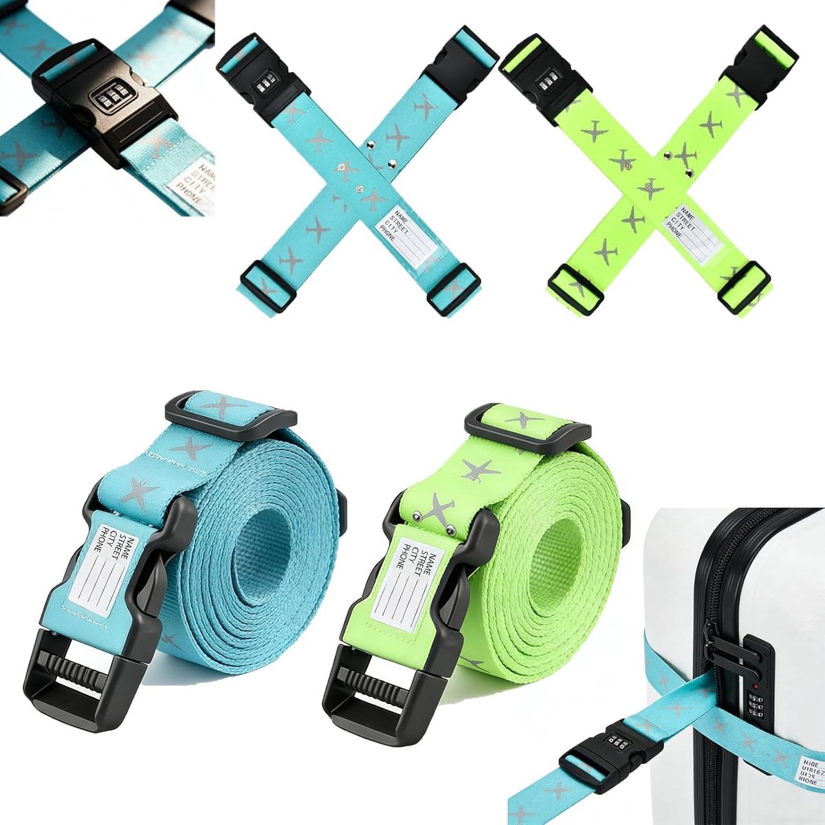 Luchtvaartkoffersluitingen set van 4 - verstelbare nylon banden - met combinatie slot en adreslabel - ShopVlot