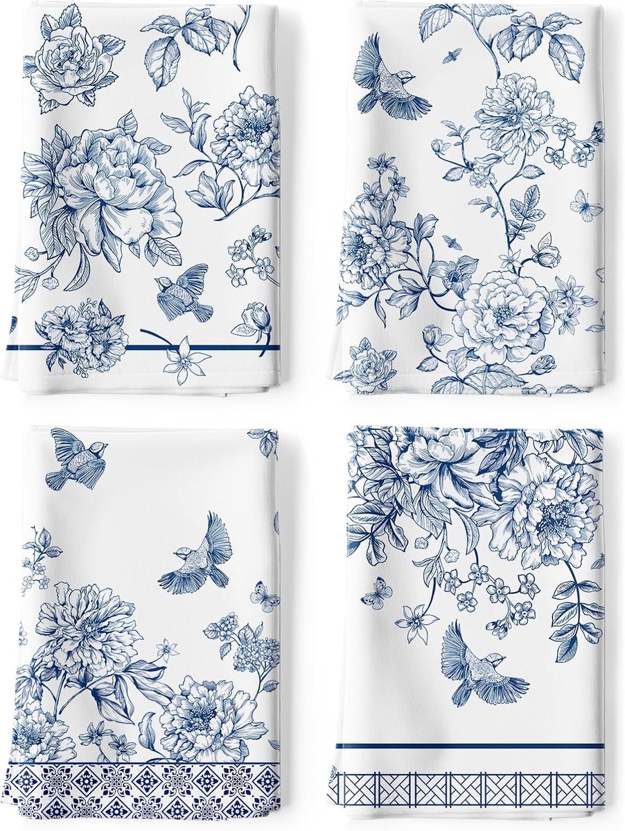Keuken theedoeken 4 stuks - Chinoiserie stijl - 100% katoen - Vivid kleuren en snel drogend - ShopVlot