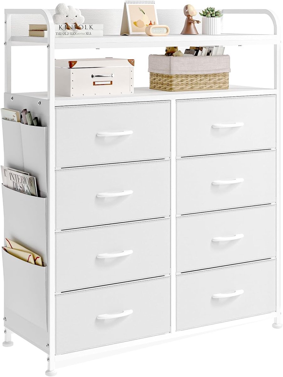 Ladekast met 8 Stoffen Lades - Houten Bovenblad - Metalen Frame - Ideaal voor Slaapkamer of Woonkamer - ShopVlot