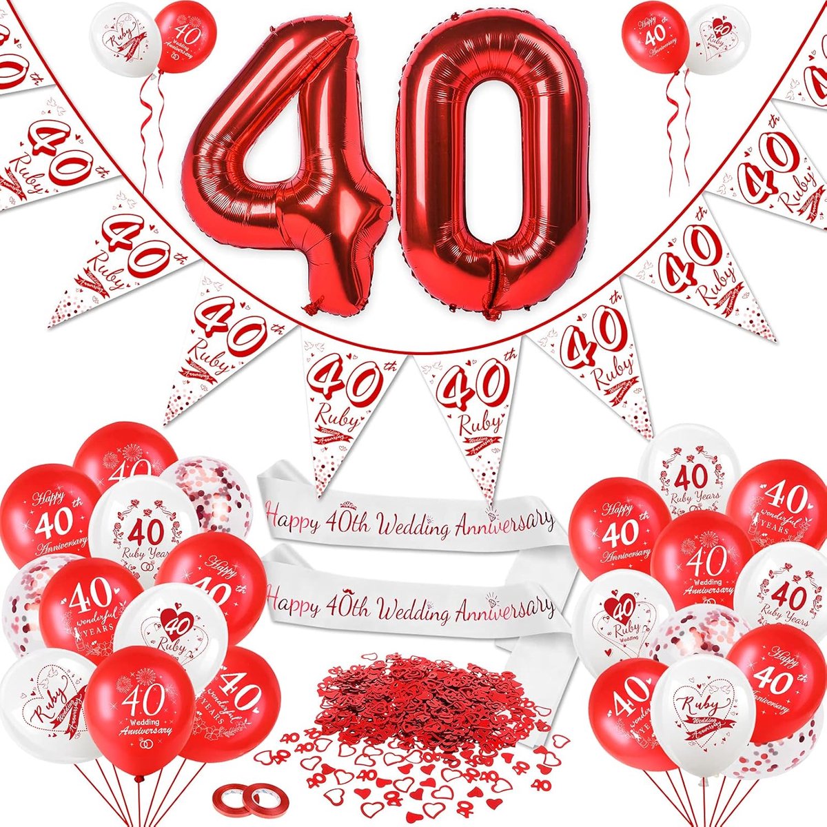 Decoraties 40 Jaar Huwelijk - Rode Ballonnen en Slinger - Ruby Verjaardag met Hartconfetti - Feestelijke Versiering - ShopVlot