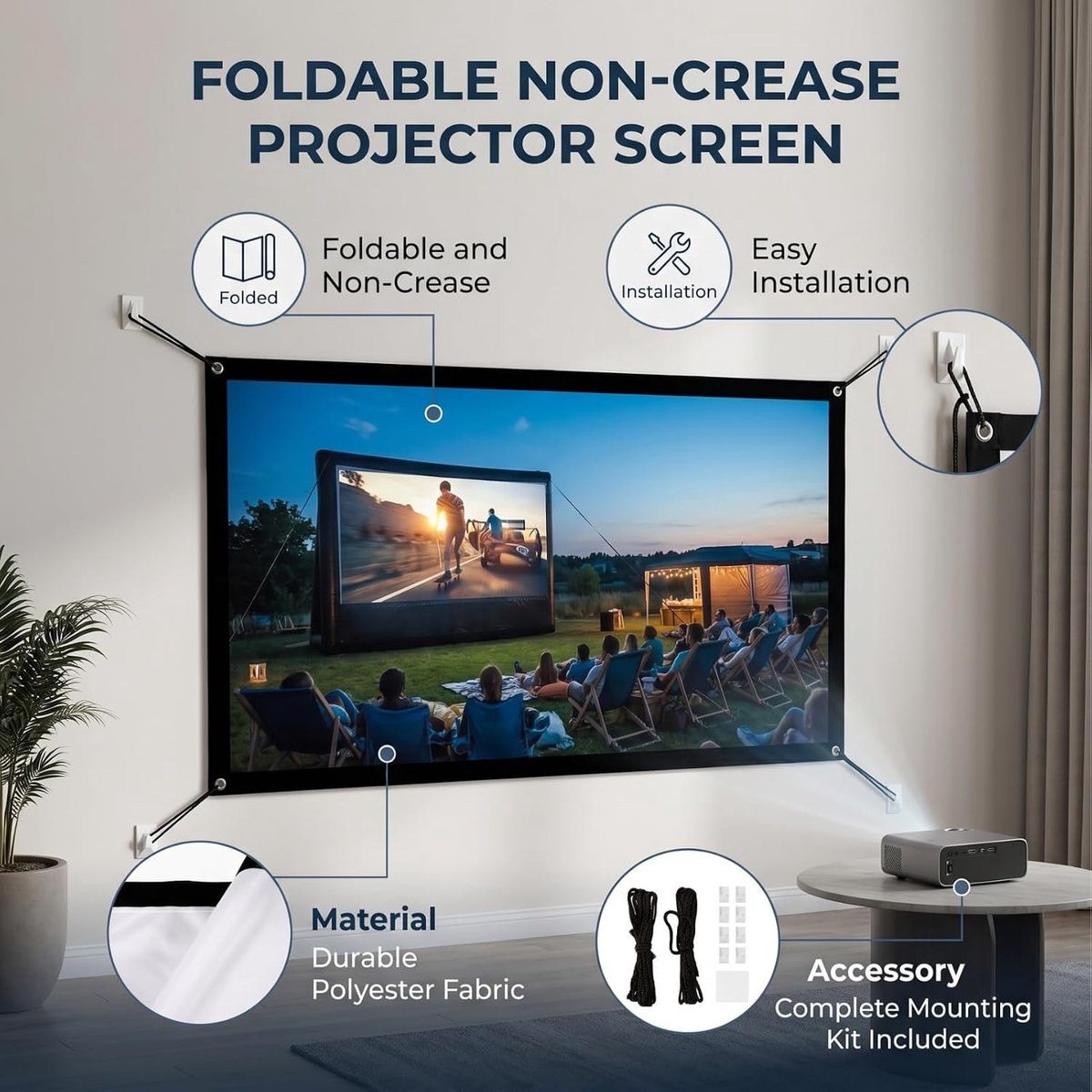 Projectiescherm 40 Inch - Opvouwbaar - Met ophangogen en haken - Ideaal voor buitengebruik - ShopVlot