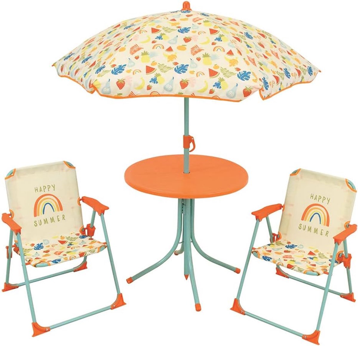 Tuinstel voor kinderen - Tafel Ø 46 cm met 2 stoelen - Parasol 125 cm - Perfect voor buiten spelen - ShopVlot