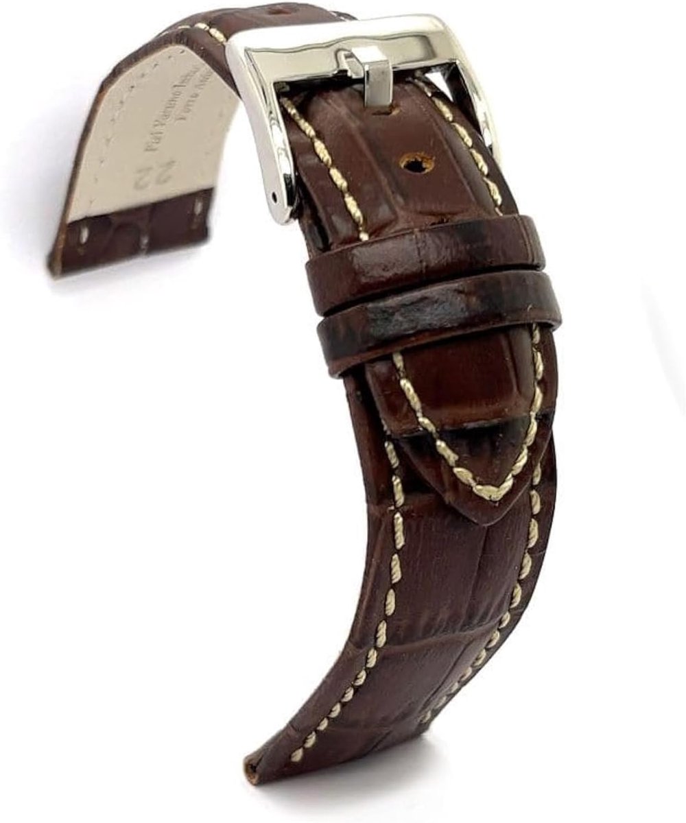 Horlogeband 18-30 mm - krokodillenembossed leer - witte naad - stijlvol en duurzaam - SnelShoppen