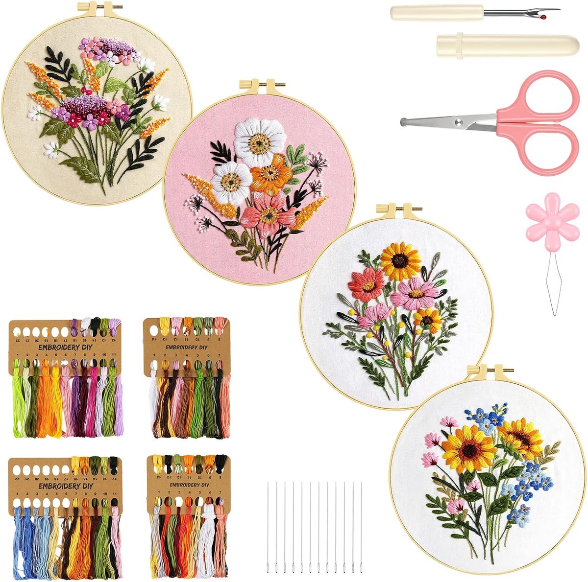 4-delige bloemenborduurset voor beginners, kruissteek doe-het-zelf knutselset, accessoires met bloemenpatroon en borduurring, tamboersteekset voor knutselaars vrouwen en tieners