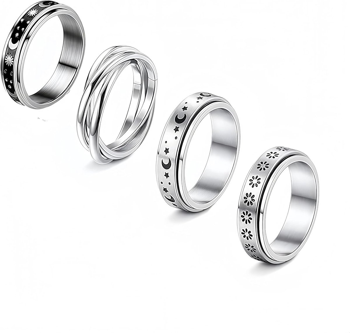 Ringen voor Vrouwen Rvs Fidget Band Ringen Set Maan Ster Zand Blast Finish Womens Ring voor Stress Verlichting Bruiloft Belofte