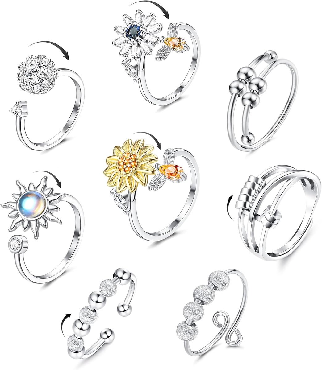 Angst Ring Zilveren Fidget Ring voor Angst Vrouwen Verstelbare Open Spinner Ringen Zonnebloem Maansteen Spinner Fidget Ringen voor Vrouwen Dochter Verstelbare Ring Party Geschenken