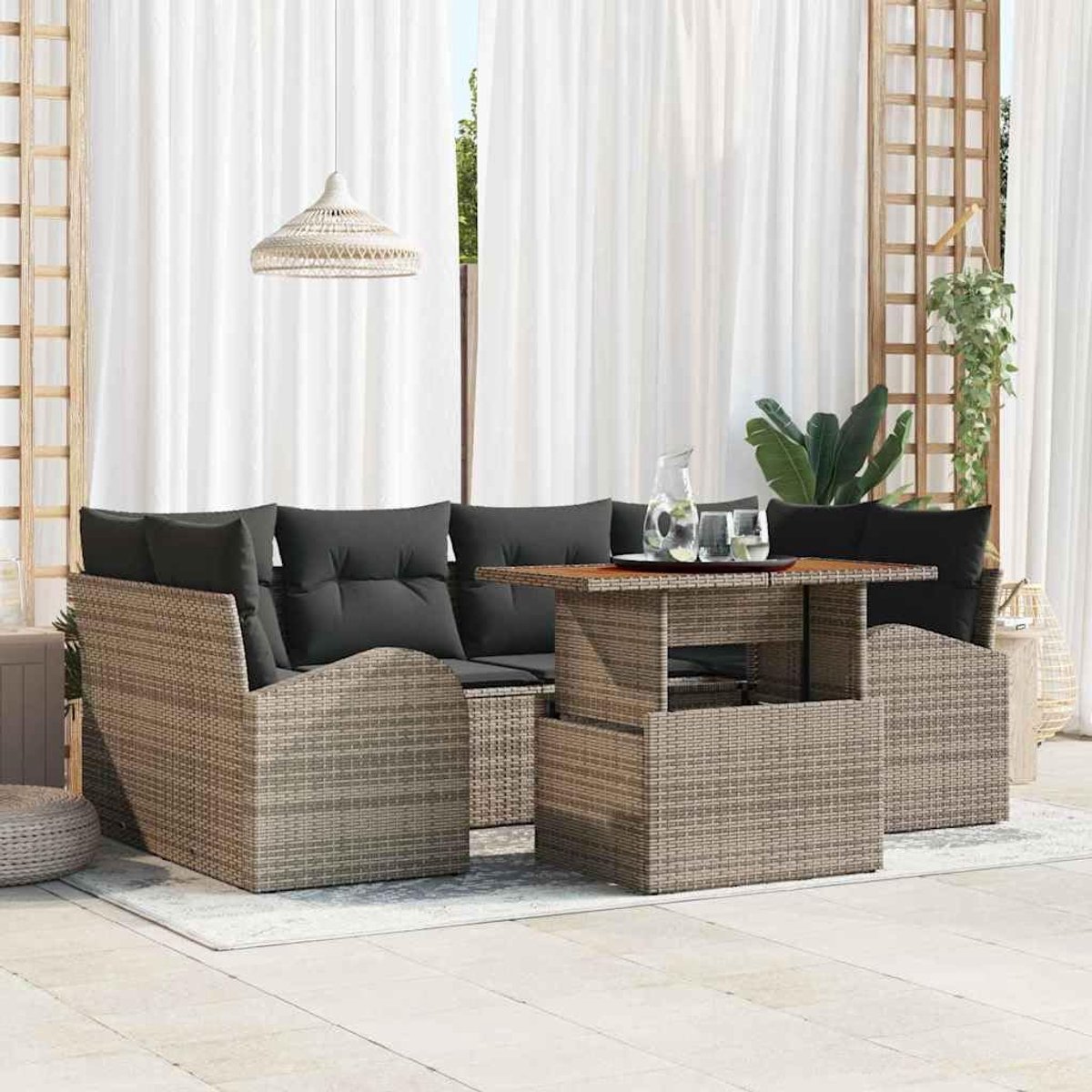 Tuinbankset 7-delig - grijs polyrattan - weerbestendig - ideaal voor buitenloungen - SnelShoppen