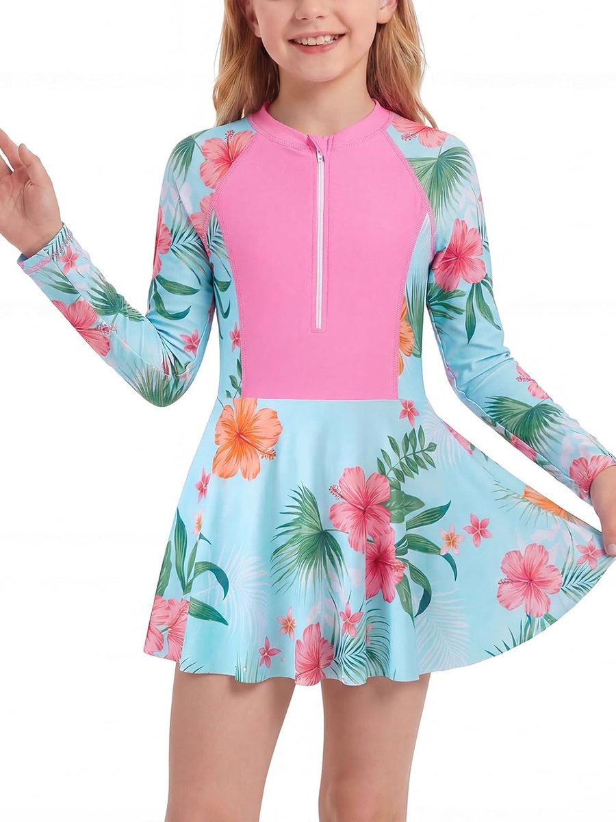 Meisjesbadpak met lange mouwen en bloemenprint, eendelig met ritssluiting, strandkleding voor kinderen, sneldrogend en elastisch